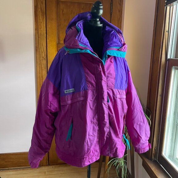 VTG 90s Columbia 3-in-1 Colorblock Ski Jacket Purple Pink Teal USA L Hooded Boho - Picture 1 of 11